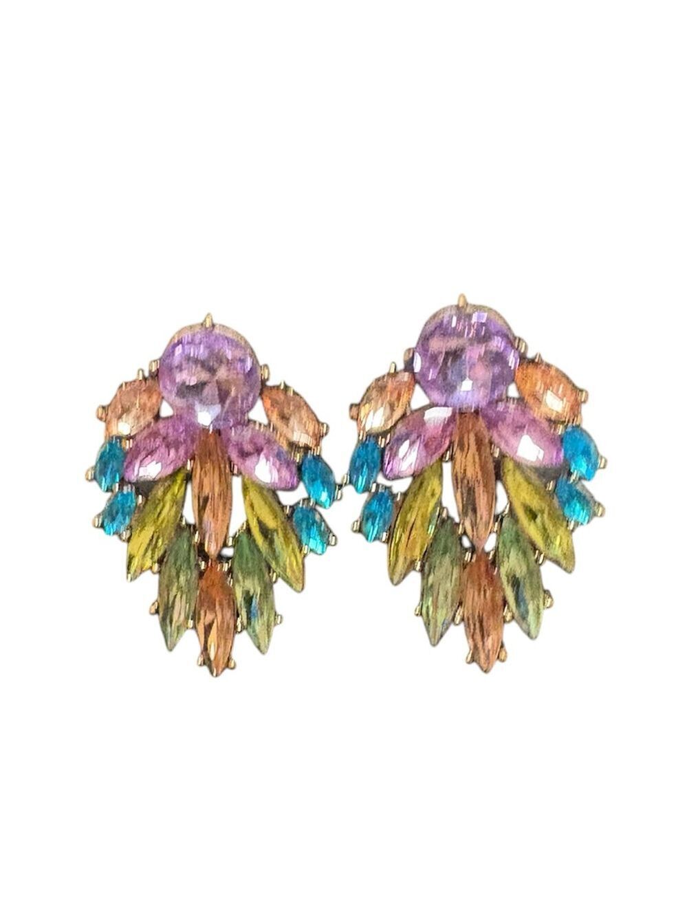 Shiny rhinestone big stud earrings colorful purple blue green yellow gold posts
